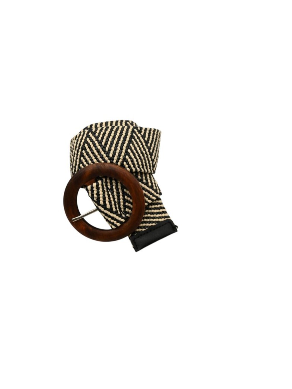Unbranded Woven Belt Sz 38" Black Neutral Geometric Boho Wooden Ring Buckle
